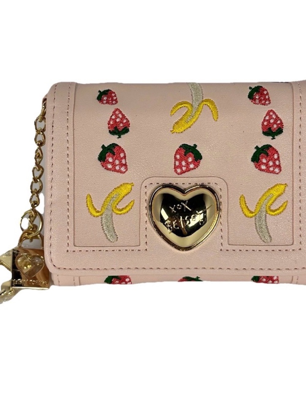 New Betsey Johnson Pink Strawberries & Bananas Heart-Accent Wallet